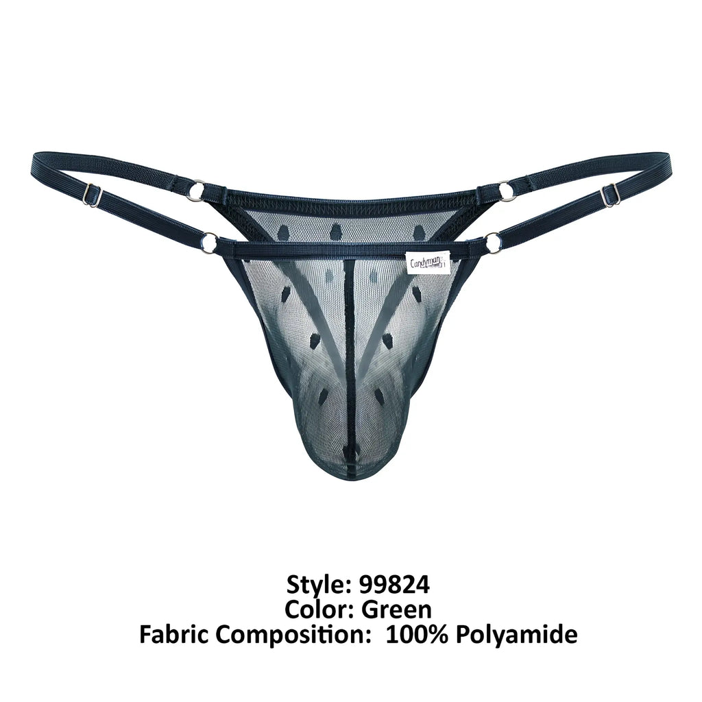 Black mesh thong with adjustable straps and silver metal hardware in green from candyman 99824 collection