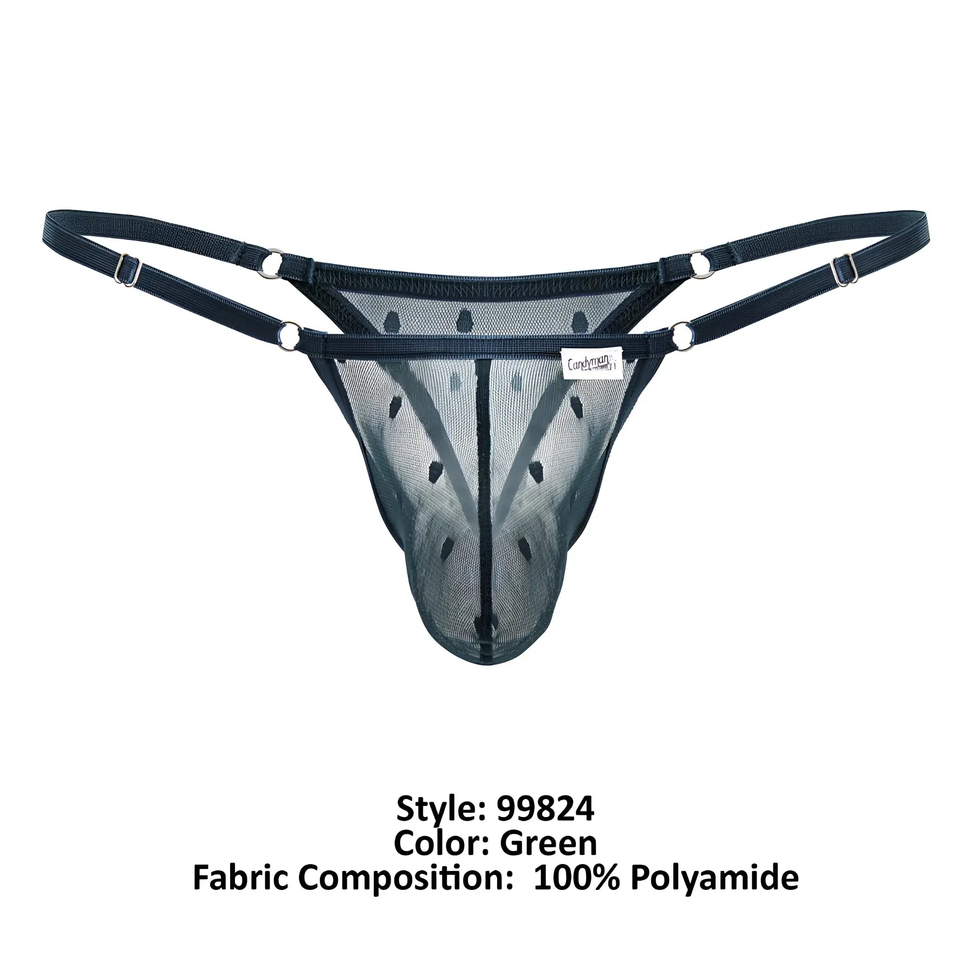 Black mesh thong with adjustable straps and silver metal hardware in green from candyman 99824 collection