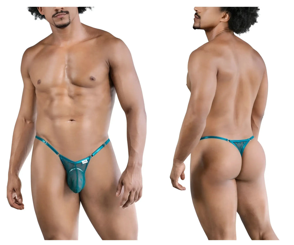 Teal mesh thong with metallic trim and candyMan brand tag in green from candyMan 99824 mesh thongs collection