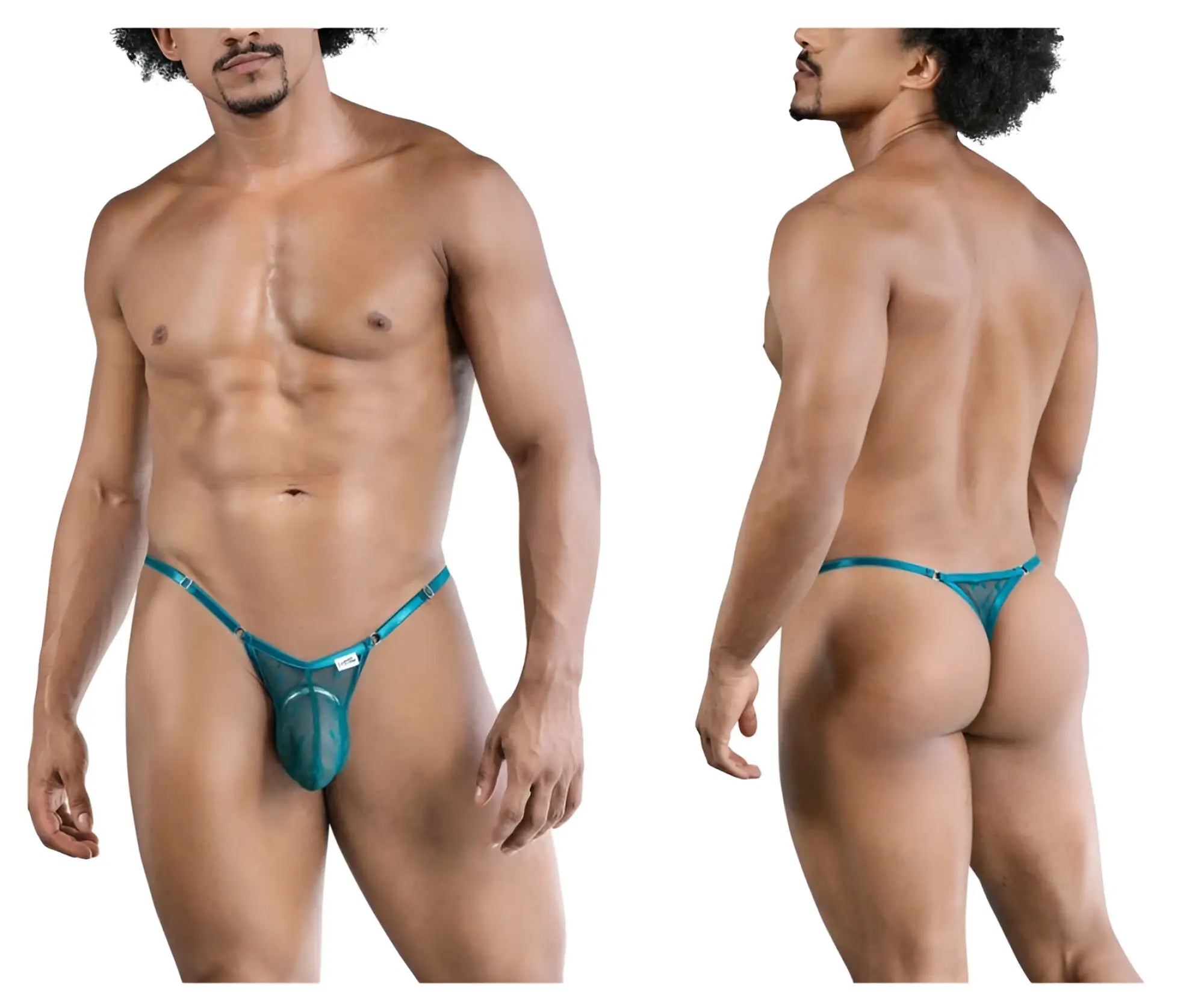 Teal mesh thong with metallic trim and candyMan brand tag in green from candyMan 99824 mesh thongs collection