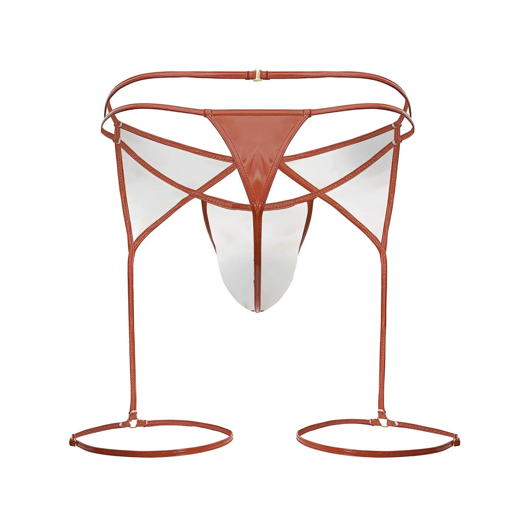 Brown leather strappy bikini bottom with transparent panels and adjustable leg loops from candyman 99825 dom outfit red