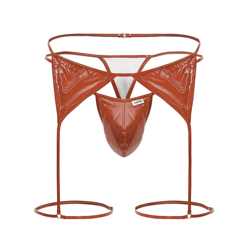Copper-colored patent leather garter belt with matching thong and leg straps from candyman 99825 dom outfit red