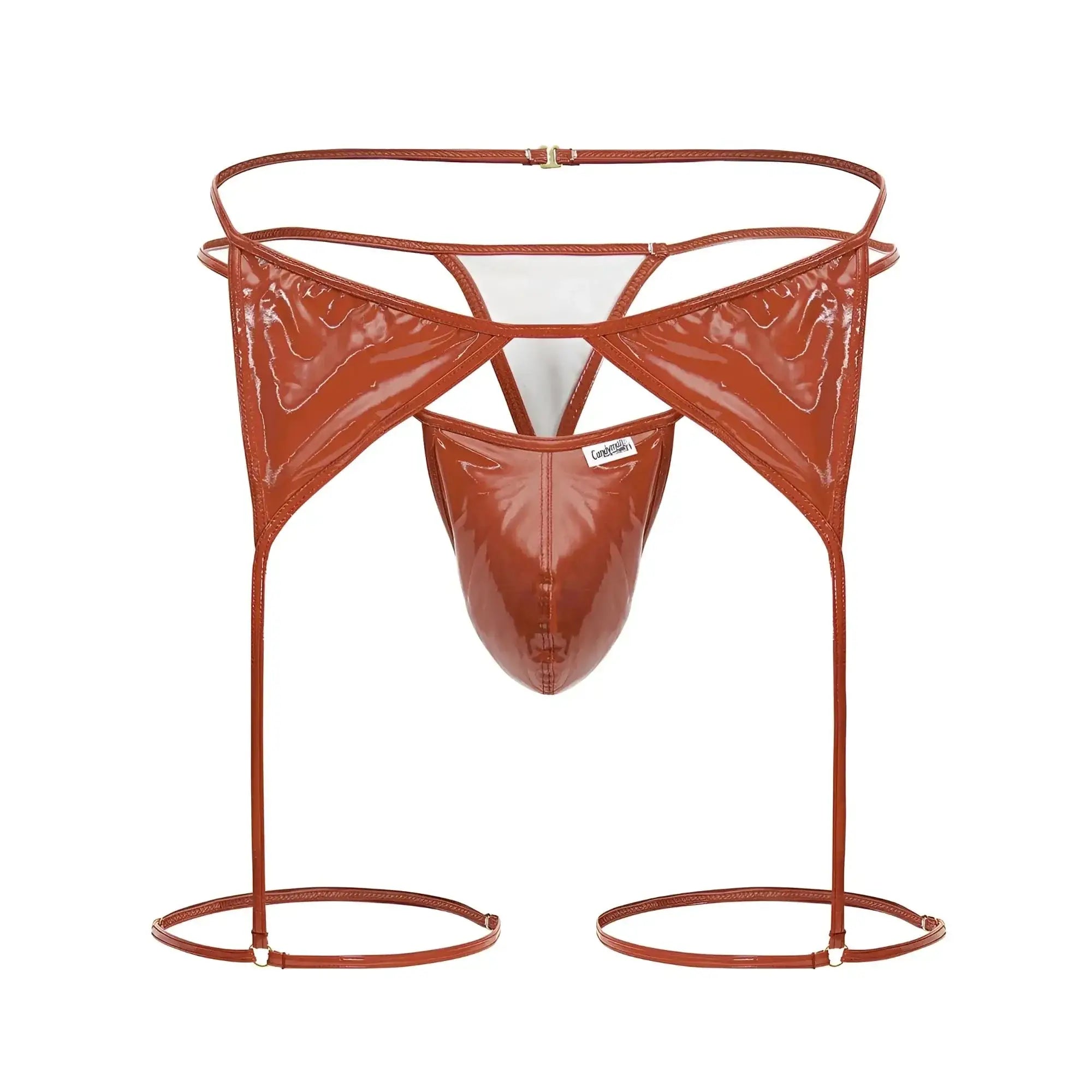 Copper-colored patent leather garter belt with matching thong and leg straps from candyman 99825 dom outfit red