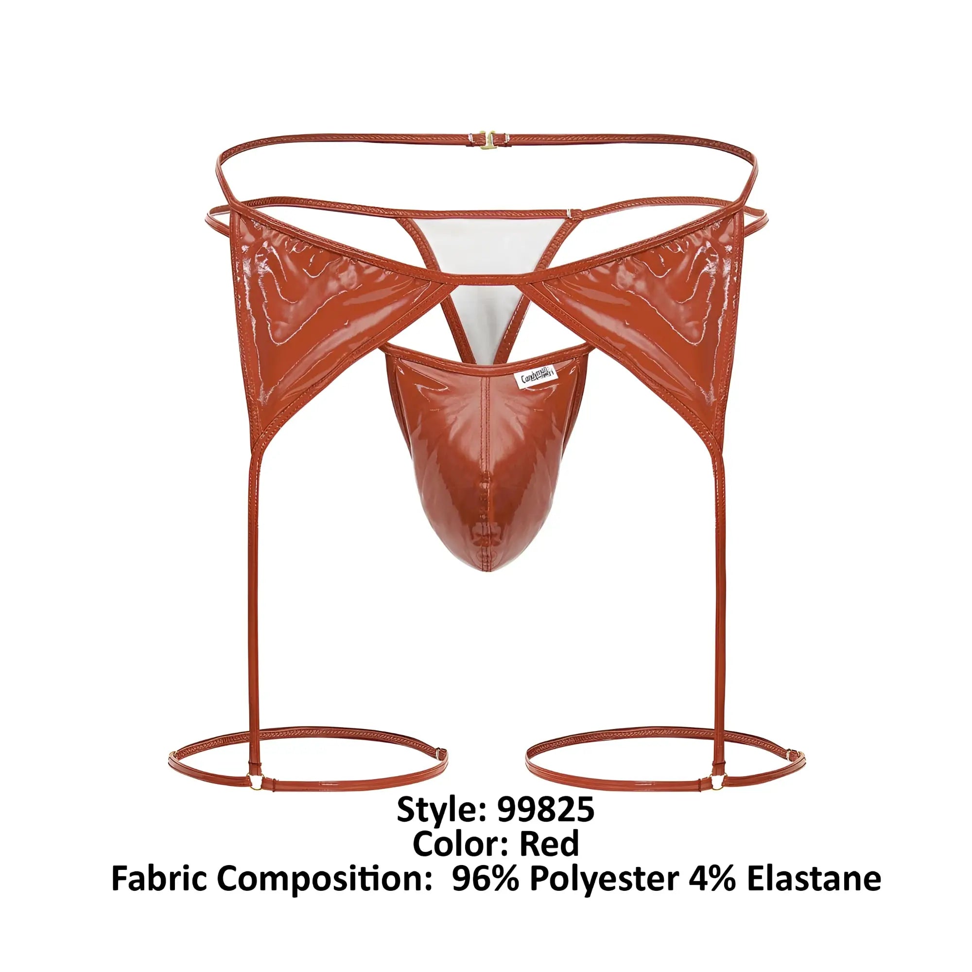Red glossy polyester and elastane CandyMan 99825 dom outfit briefs with high-cut design and circular foot loops