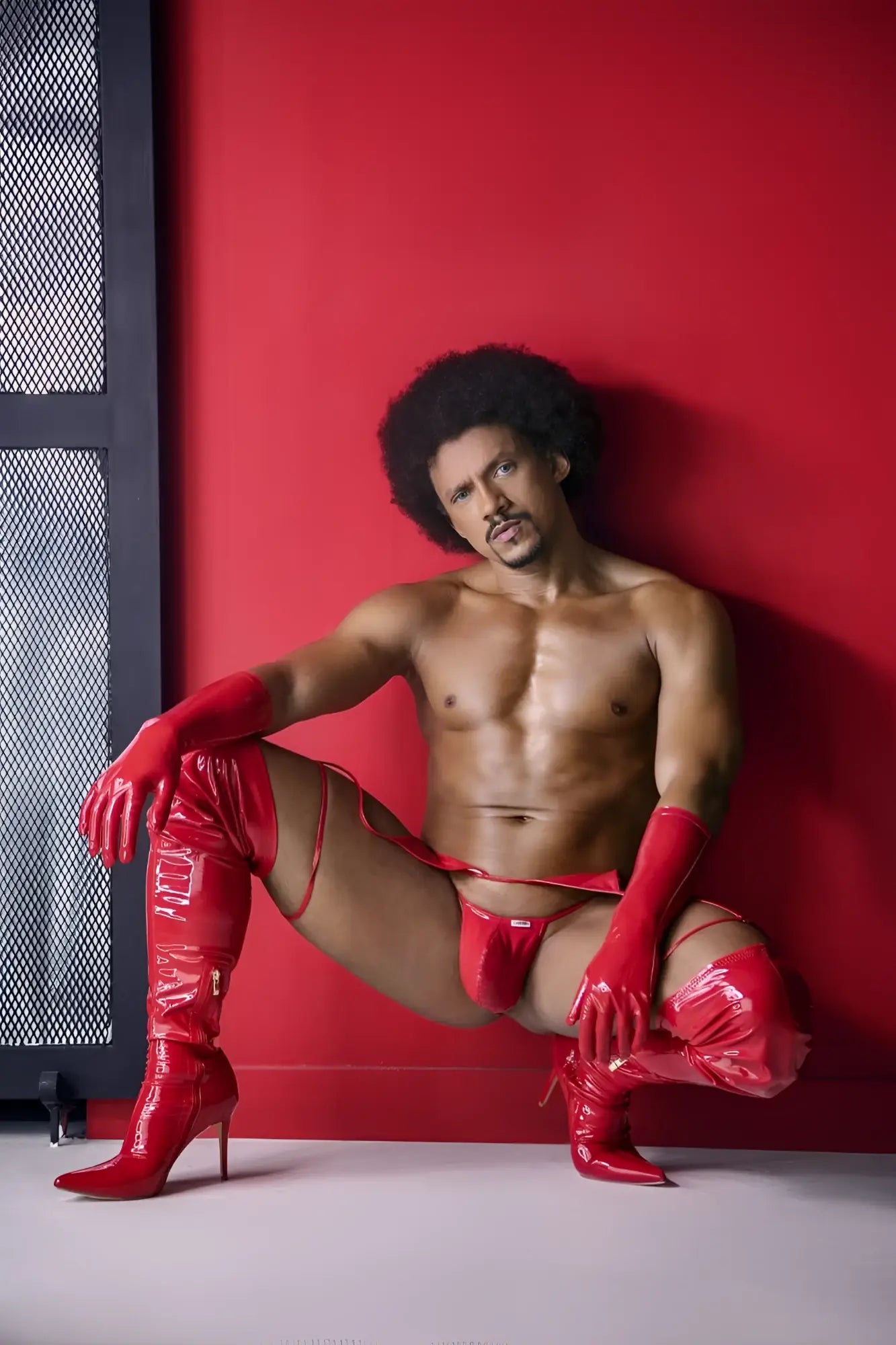 Candyman 99825 dom outfit red patent leather thigh-high boots with high stiletto heels and matching red gloves