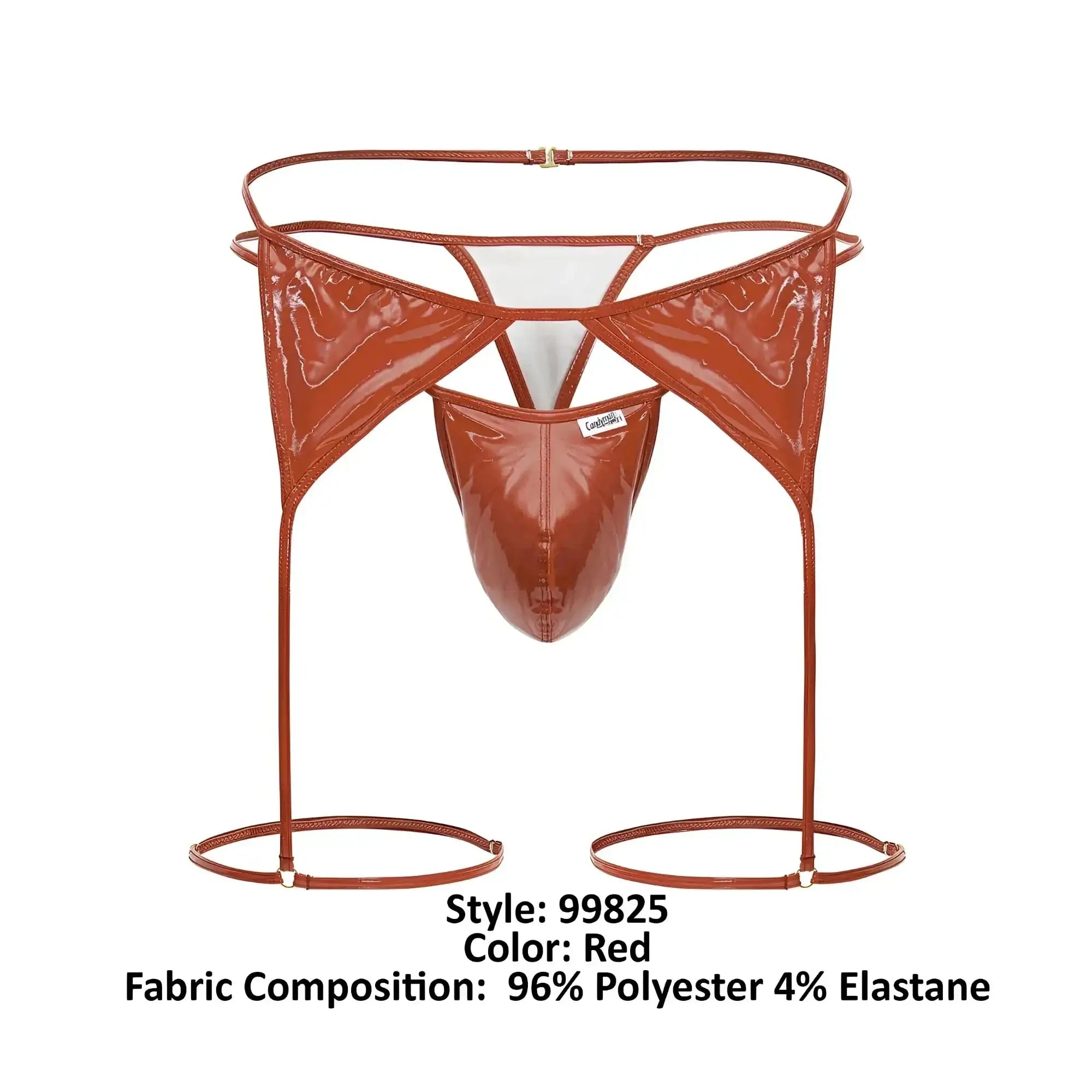 Red glossy polyester and elastane CandyMan 99825 dom outfit briefs with high-cut design and circular foot loops