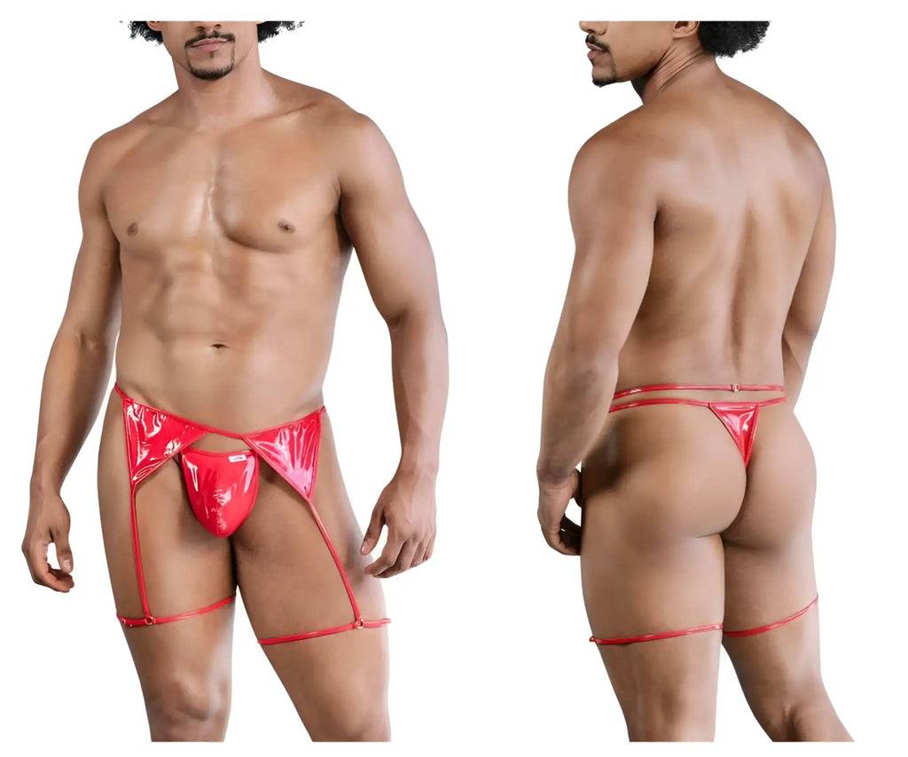 Red shiny latex thong with matching leg straps from candyman 99825 dom outfit in bold red color