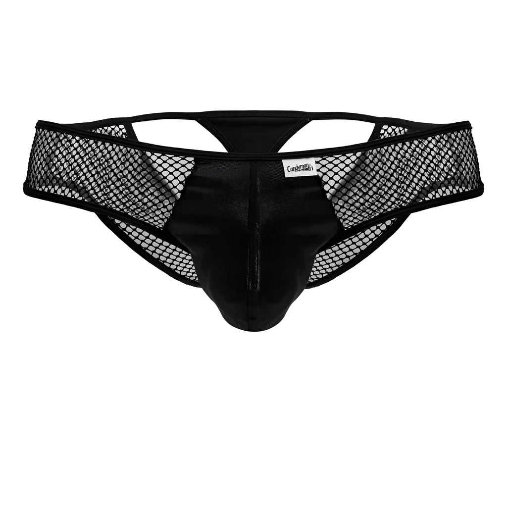 Black CandyMan 99826 fishnet thongs with satin central front panel in black mesh and satin briefs design