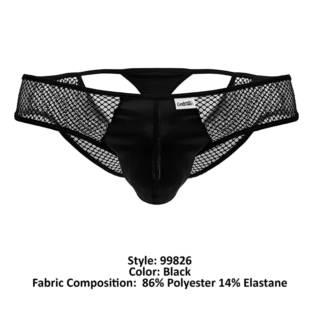 Black candyMan 99826 fishnet thongs with mesh and satin fabric, central seam, and corduroy waistband label