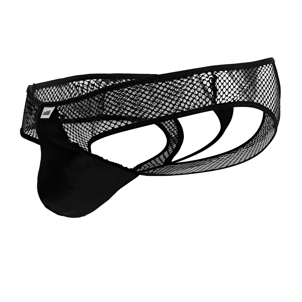 Candyman 99826 fishnet thongs in black featuring black mesh briefs with solid black padded front panel