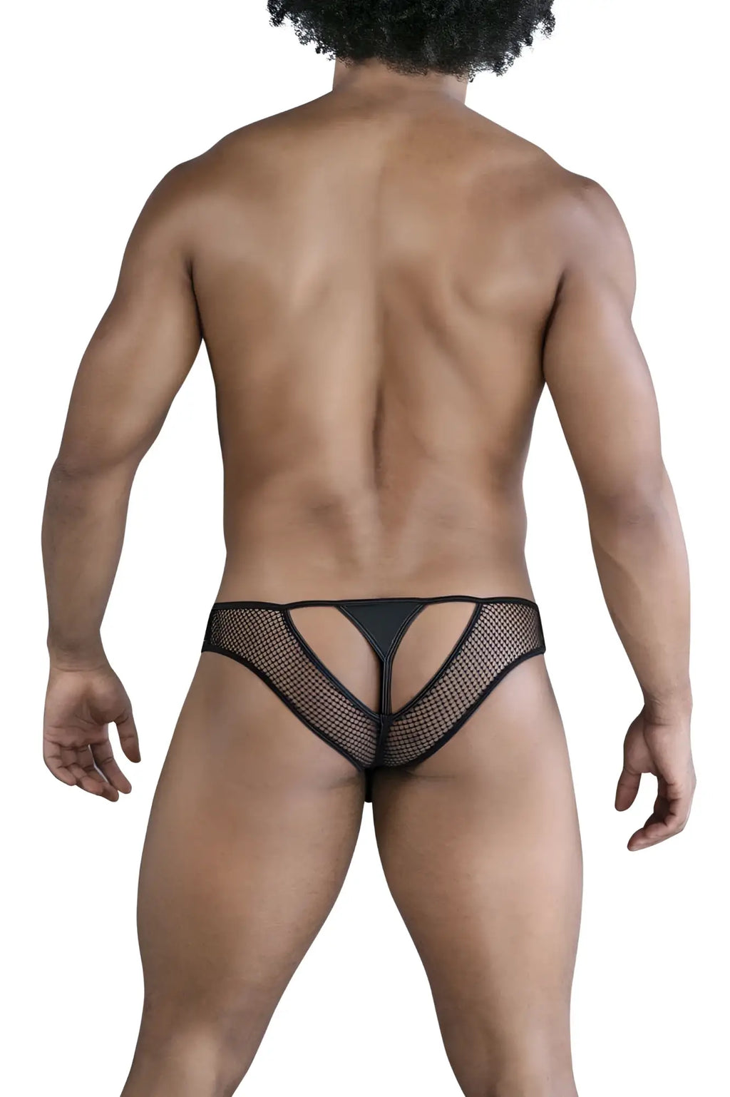 Back view of black CandyMan 99826 fishnet thong with cut-out design made of mesh material