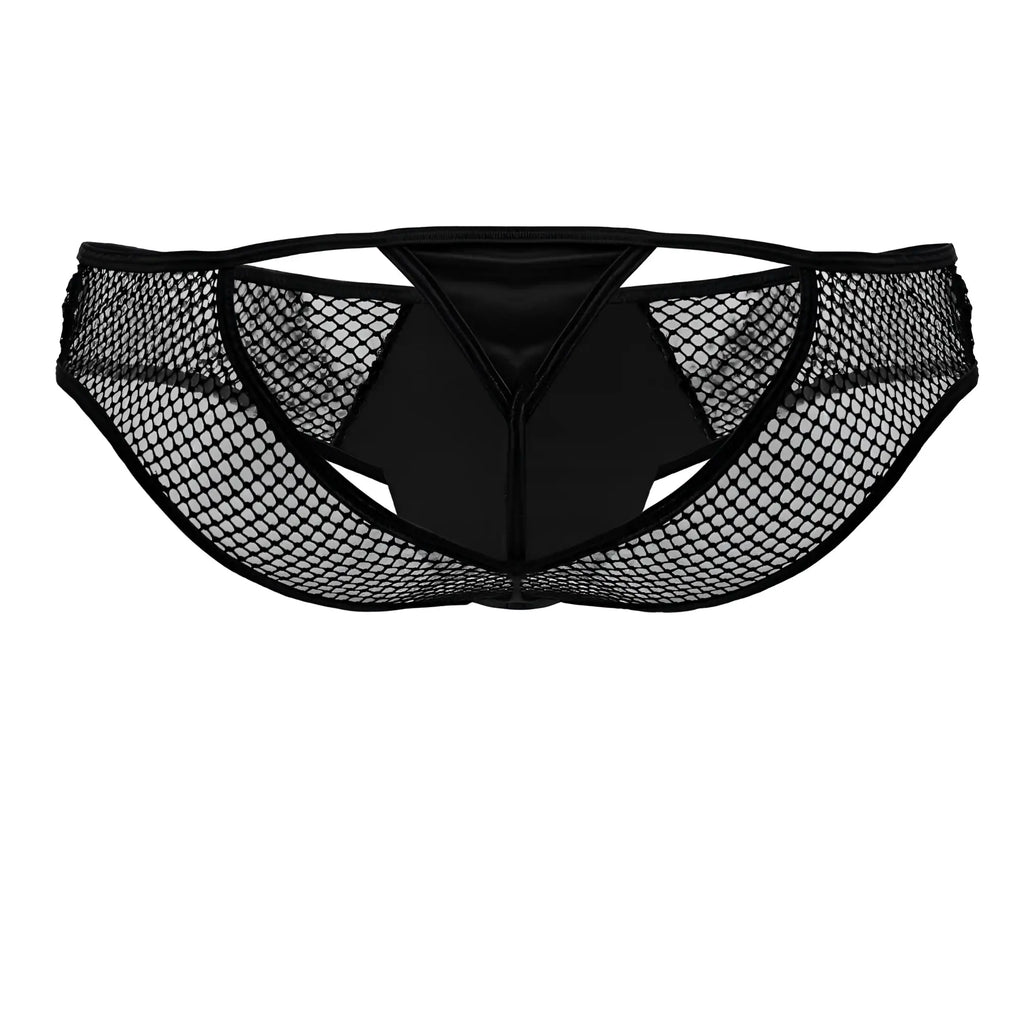 Black CandyMan 99826 fishnet thong featuring a satin panel at the center in a mesh design