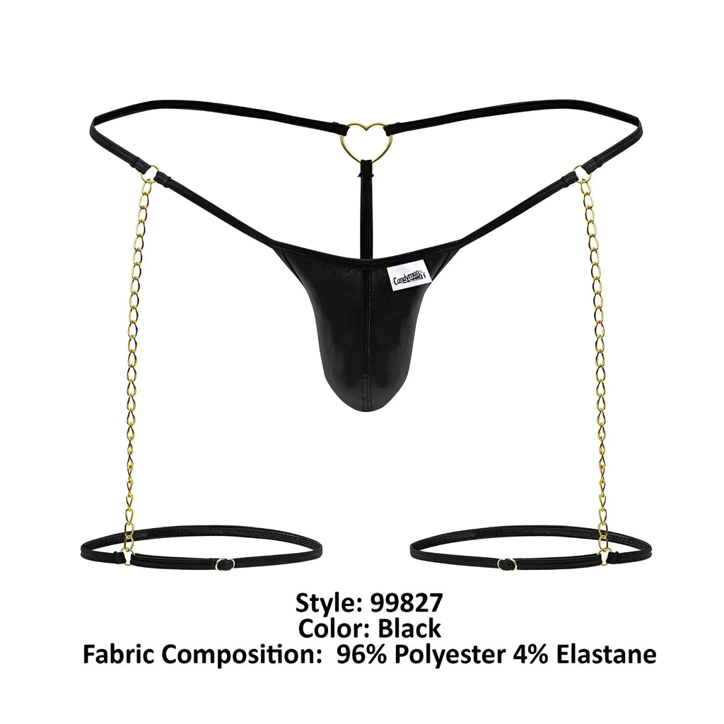 Black leather-like thong with gold heart ring and attached chains leading to black ankle cuffs by candyman