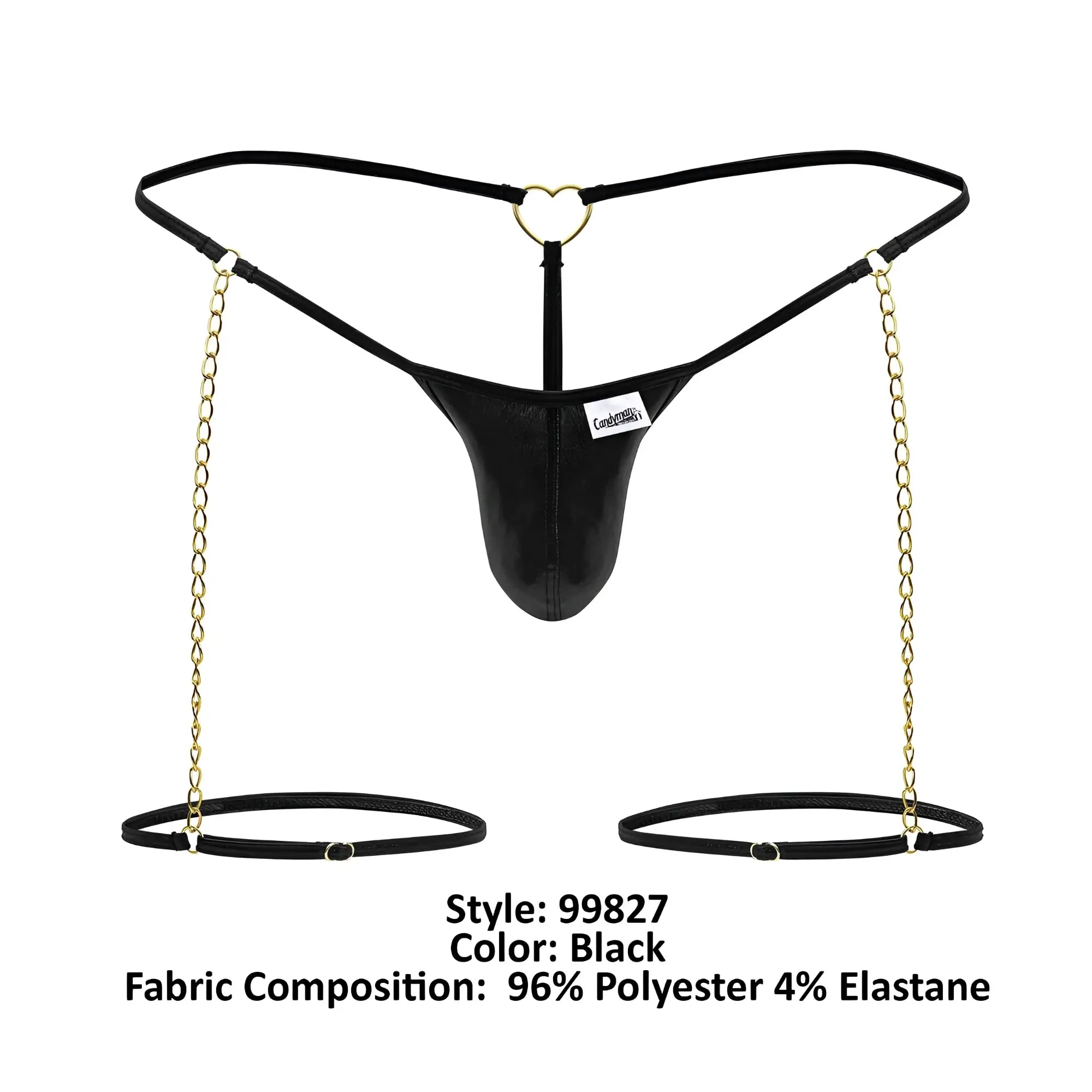 Black leather-like thong with gold heart ring and attached chains leading to black ankle cuffs by candyman