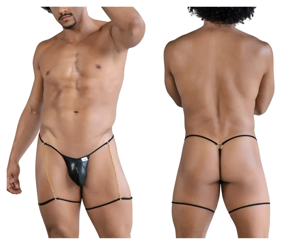 Black leather thong with gold chain detailing from candyman featuring chain-garter design in black color
