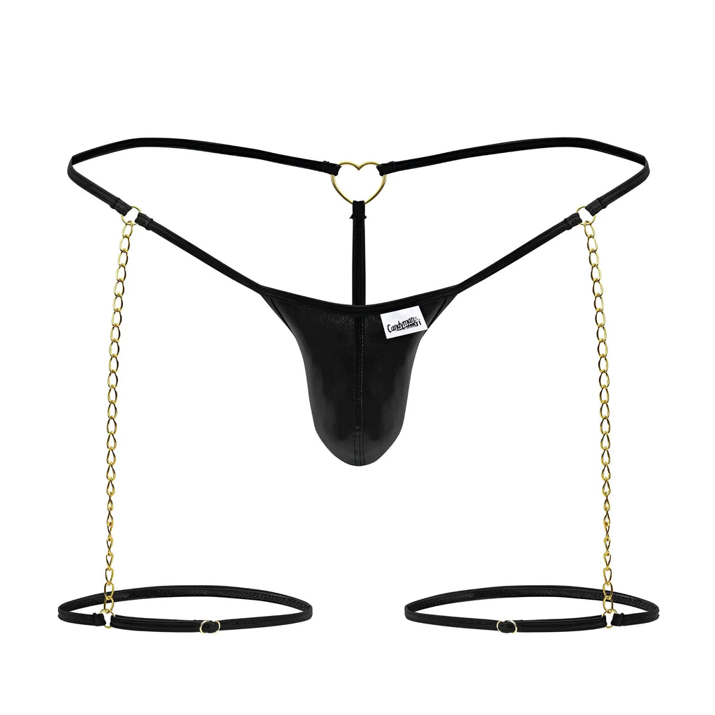 Black leather thong with gold chain straps and heart shaped metal clasp from candyman 99827 chain garter thongs