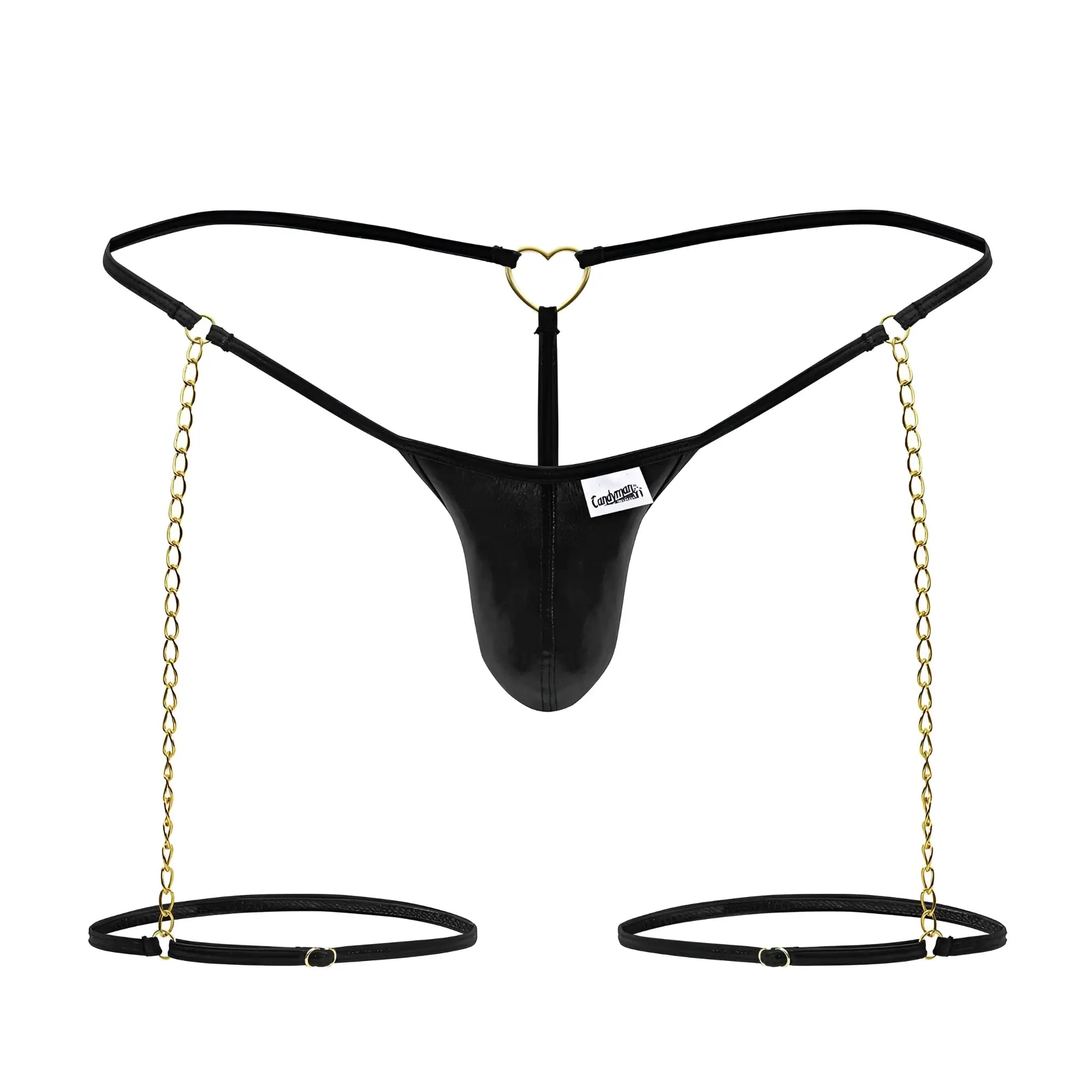 Black leather thong with gold chain straps and heart shaped metal clasp from candyman 99827 chain garter thongs