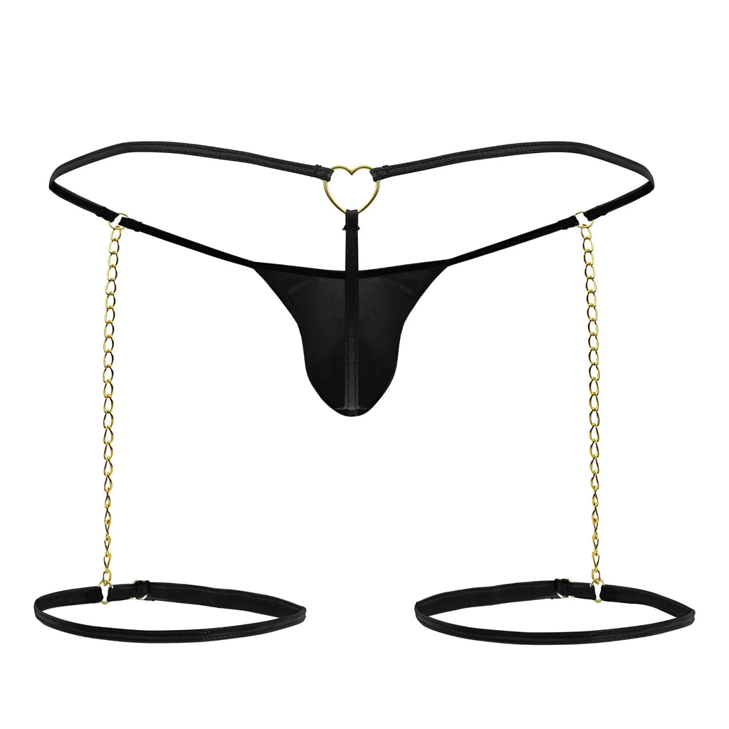 Black thong from Candyman 99827 chain-garter thongs with heart-shaped metal clasp and gold chain ankle cuffs