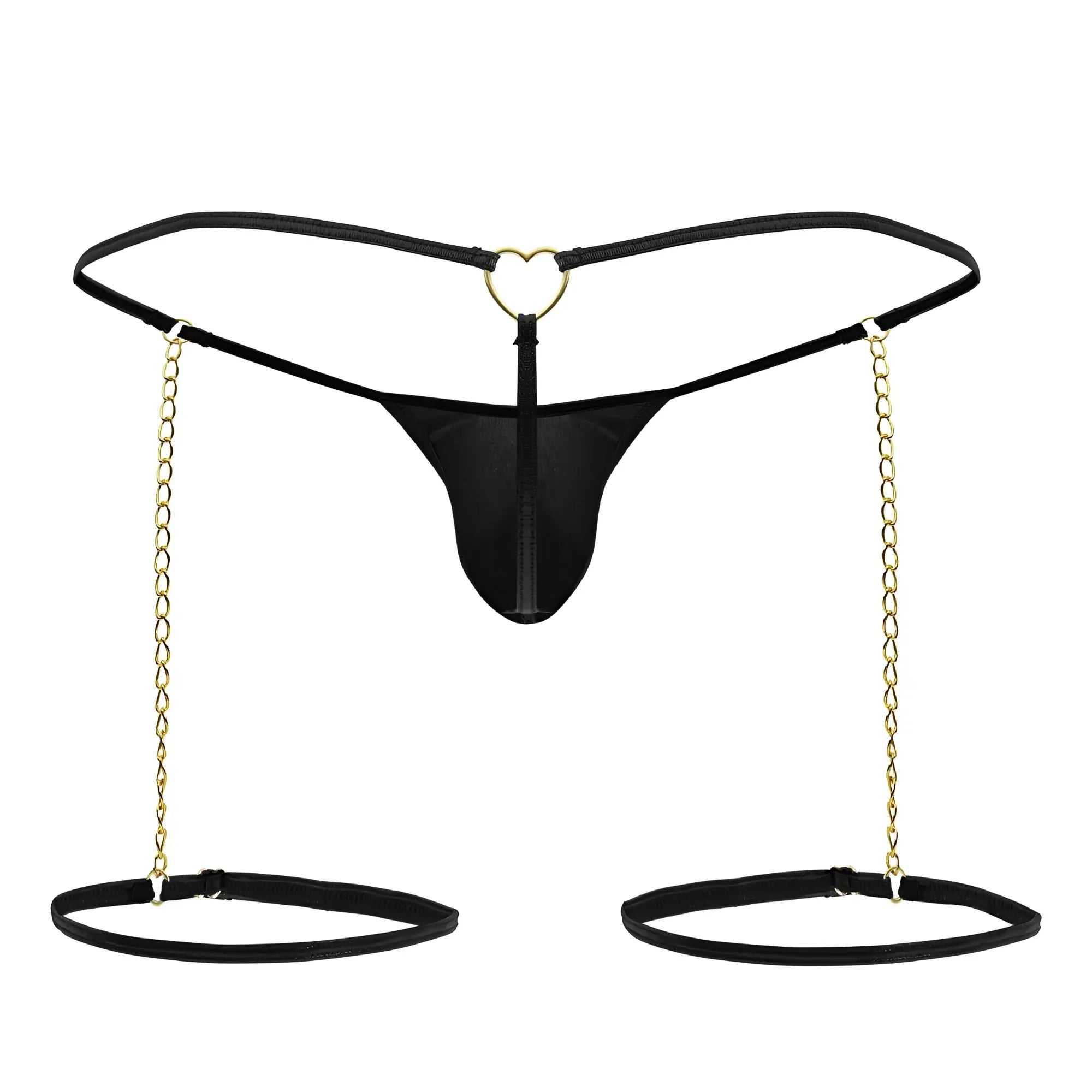 Black thong from Candyman 99827 chain-garter thongs with heart-shaped metal clasp and gold chain ankle cuffs