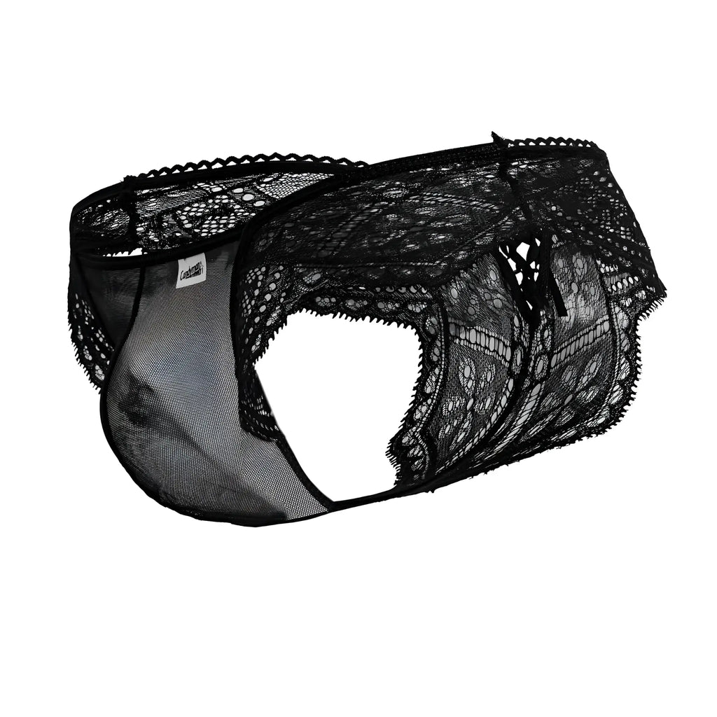 CandyMan 99828 black men’s lace mesh thongs with intricate floral patterns and a breathable mesh panel