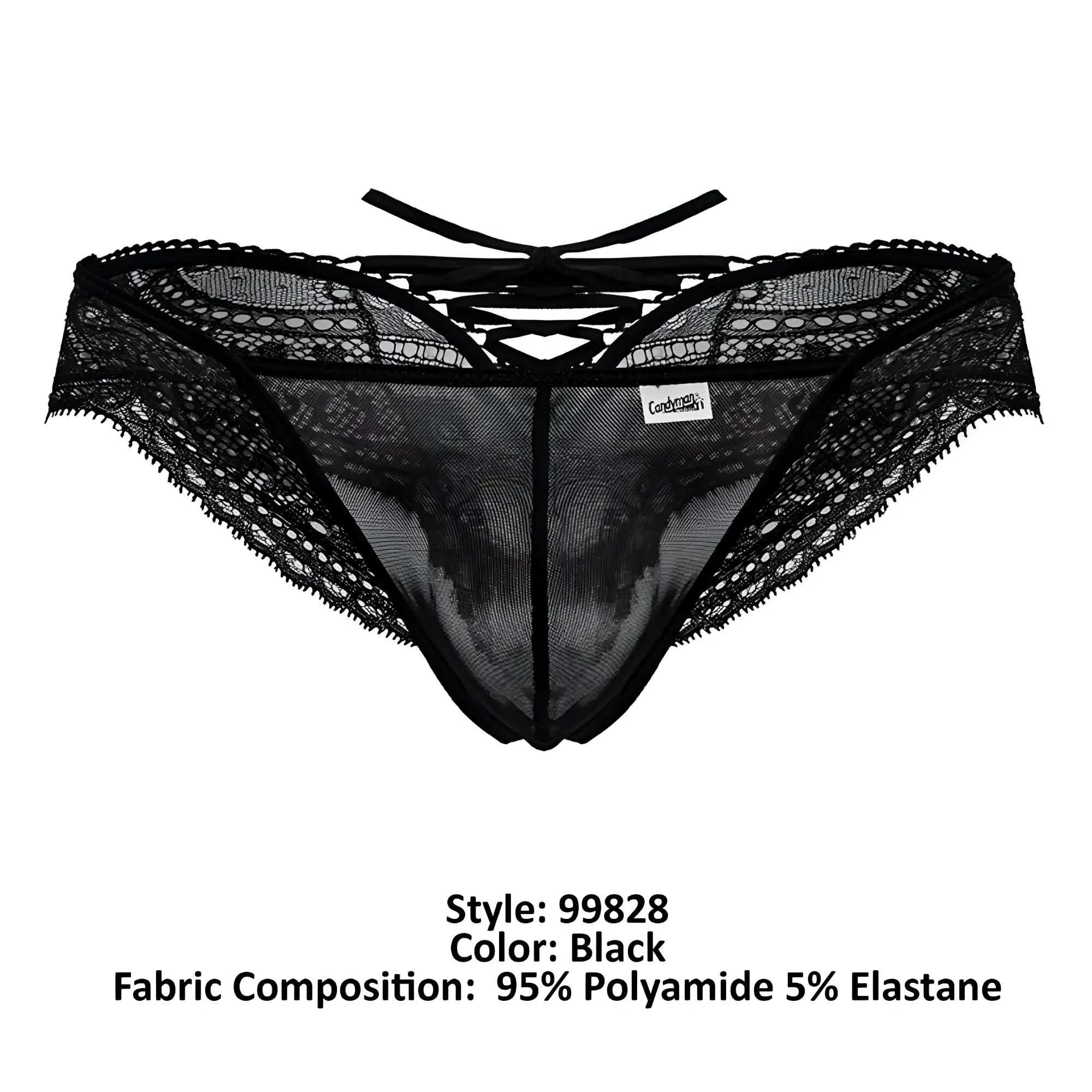 Black lace mesh thong candyMan 99828 with scalloped edges and crisscross back tie shown from the back side