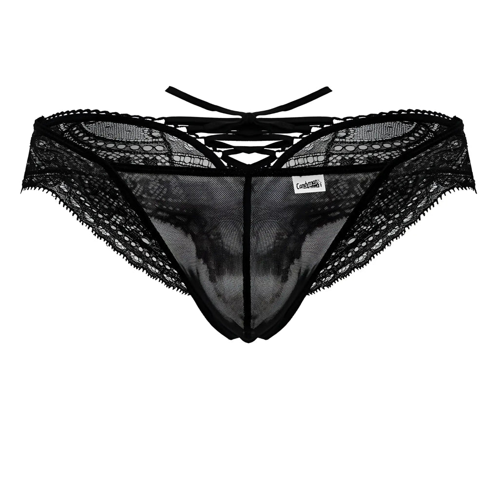 Black lace mesh thong candyMan 99828 with crisscross back tie and sheer panels showing the back side