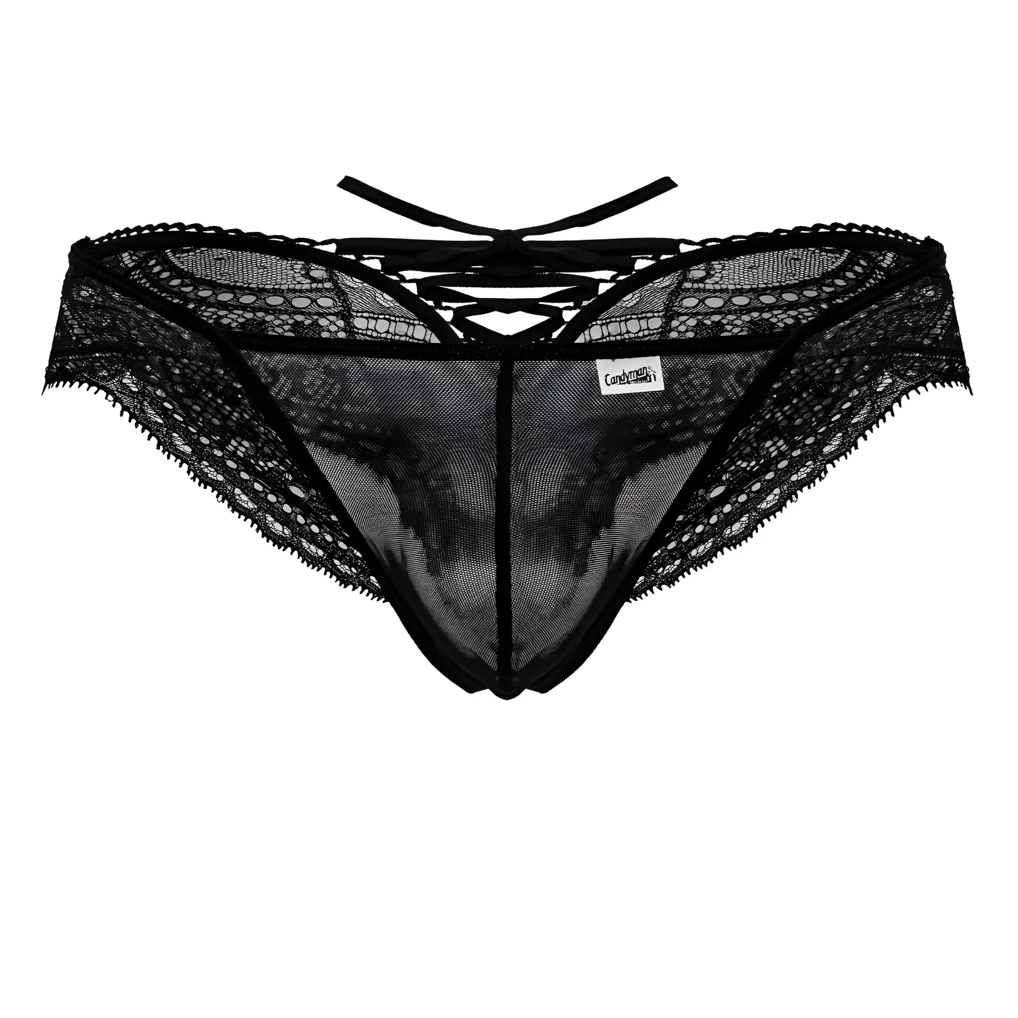 Black lace mesh thong candyMan 99828 with crisscross back tie and sheer panels showing the back side
