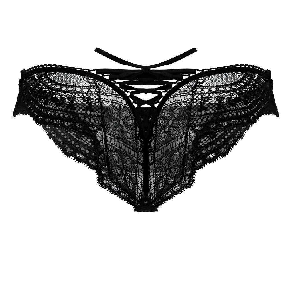 Black candyMan 99828 lace-mesh thong with intricate floral patterns and tied-back design showing the back side