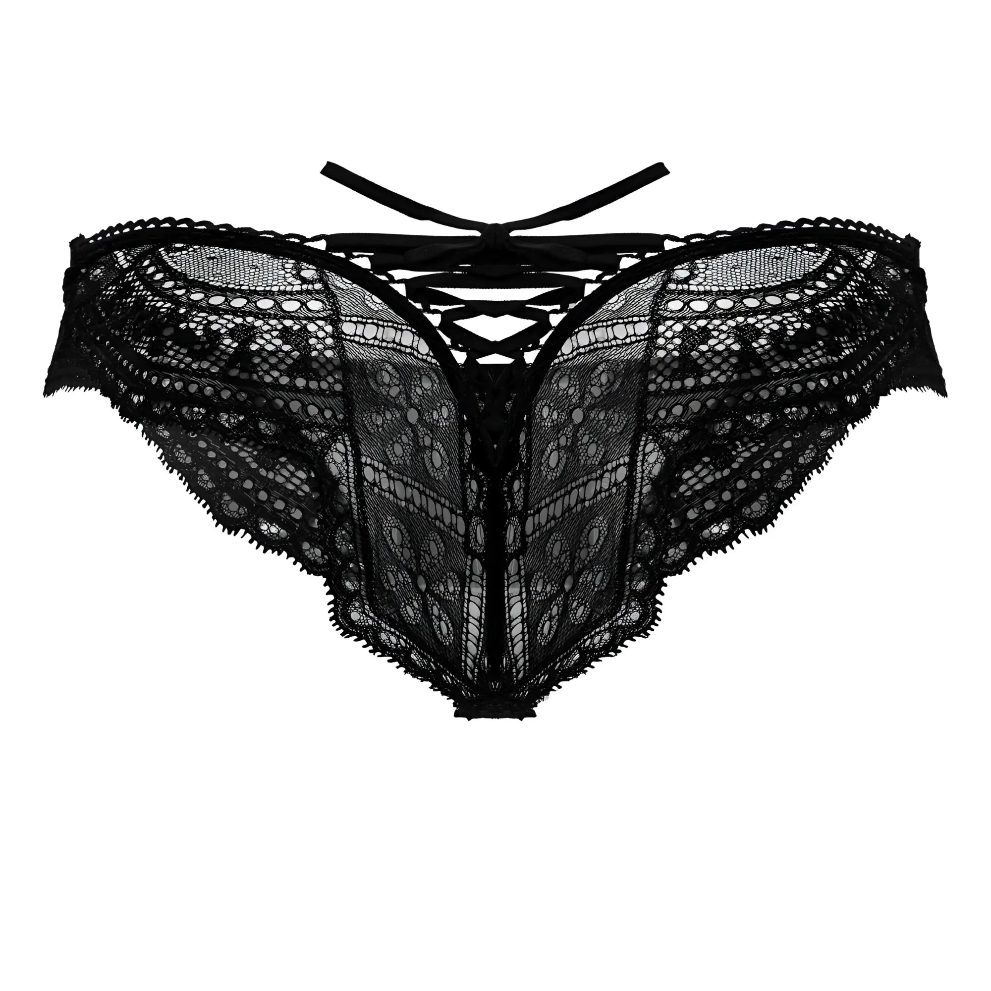 Black candyMan 99828 lace-mesh thong with intricate floral patterns and tied-back design showing the back side