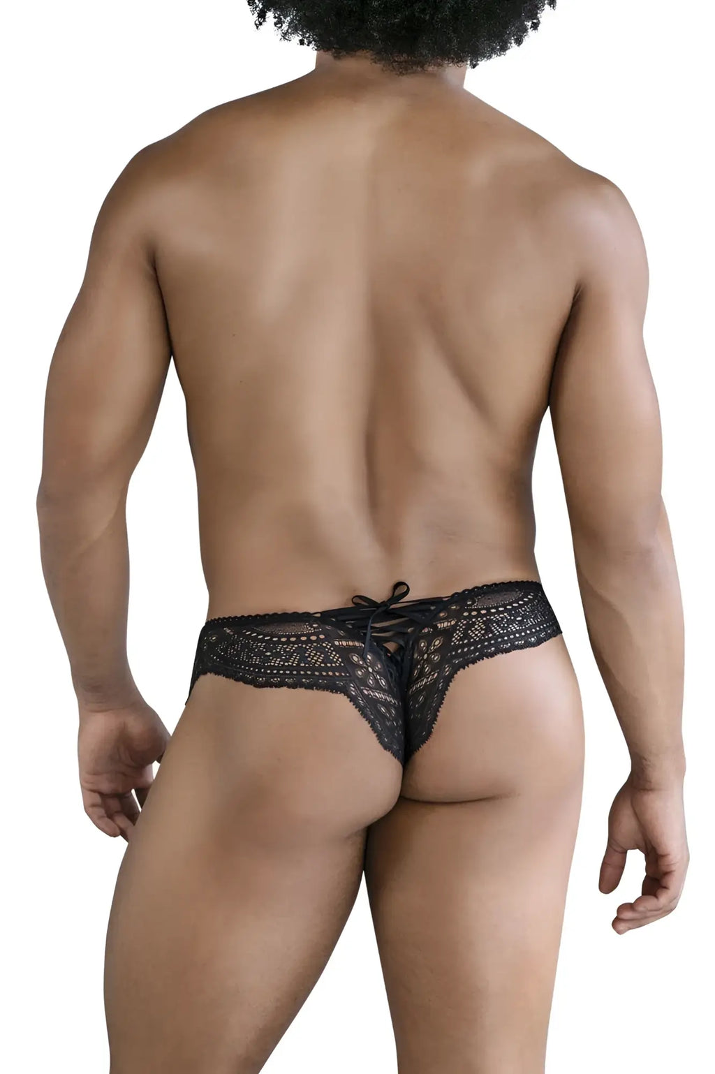 Black lace mesh thong with tied-back design shown from the back in the Candyman 99828 collection