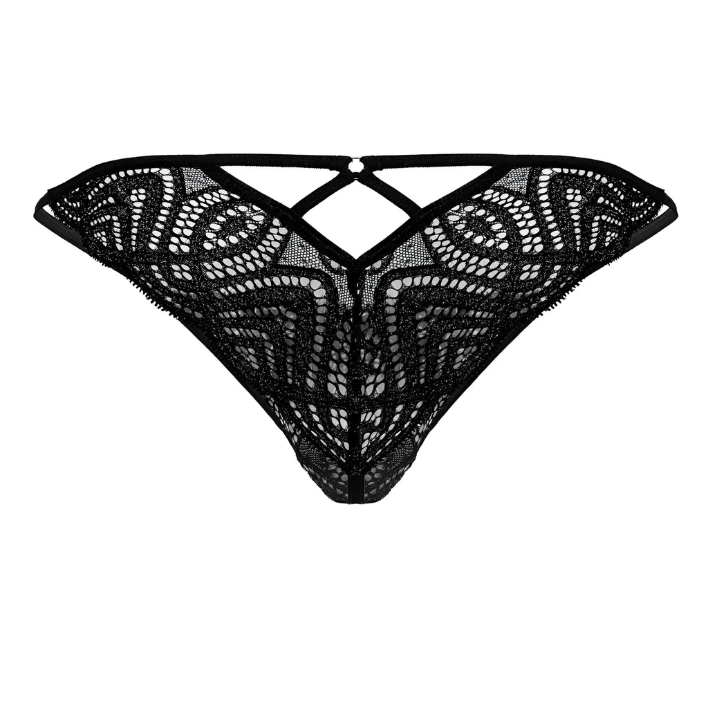 Black lace thong candyMan 99829 with intricate geometric and circular patterns and crisscross back design shown from back