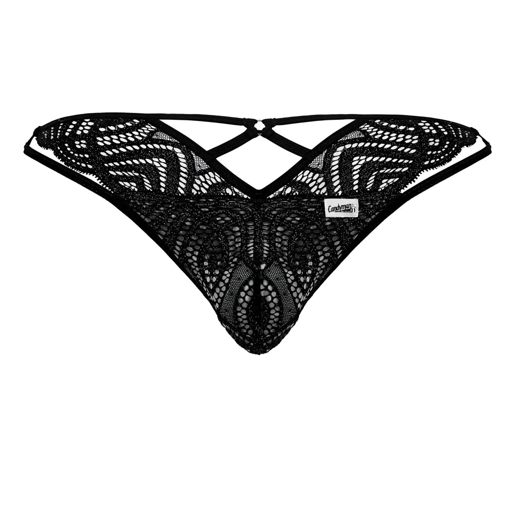 Black lace thong candyman 99829 with intricate geometric patterns and crisscross back design shown from the back side