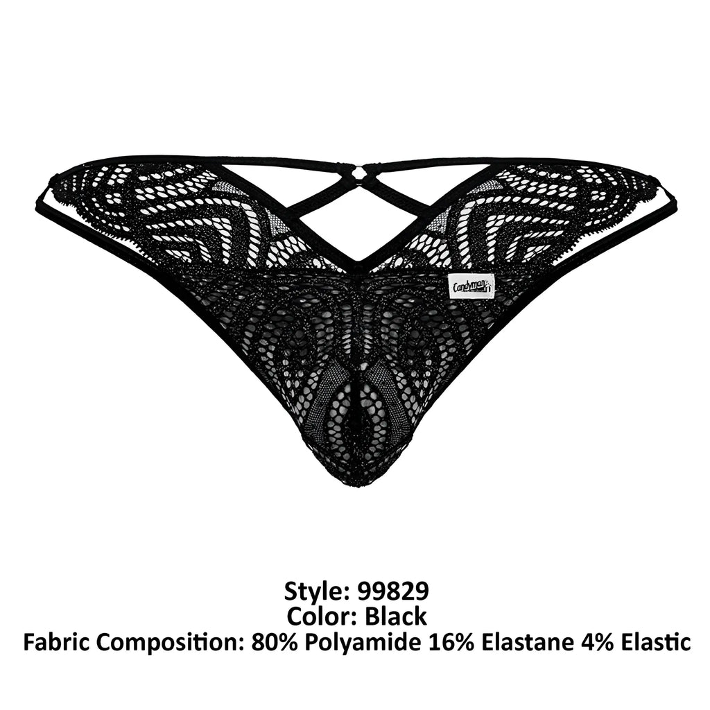 Black lace thong candyMan 99829 with intricate patterned design and crisscross back strap shown from back side