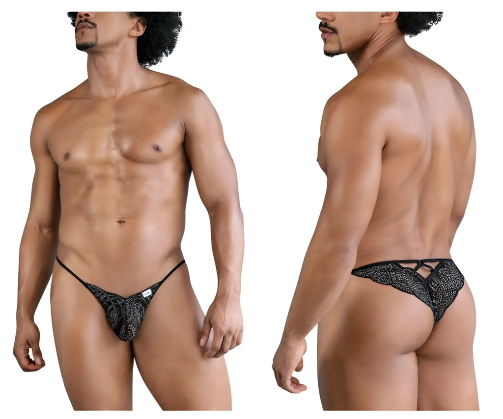 Black lace thong candyMan 99829 with textured patterned design and adjustable straps shown from the back side