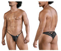 Black lace thong candyMan 99829 with textured patterned design and adjustable straps shown from the back side