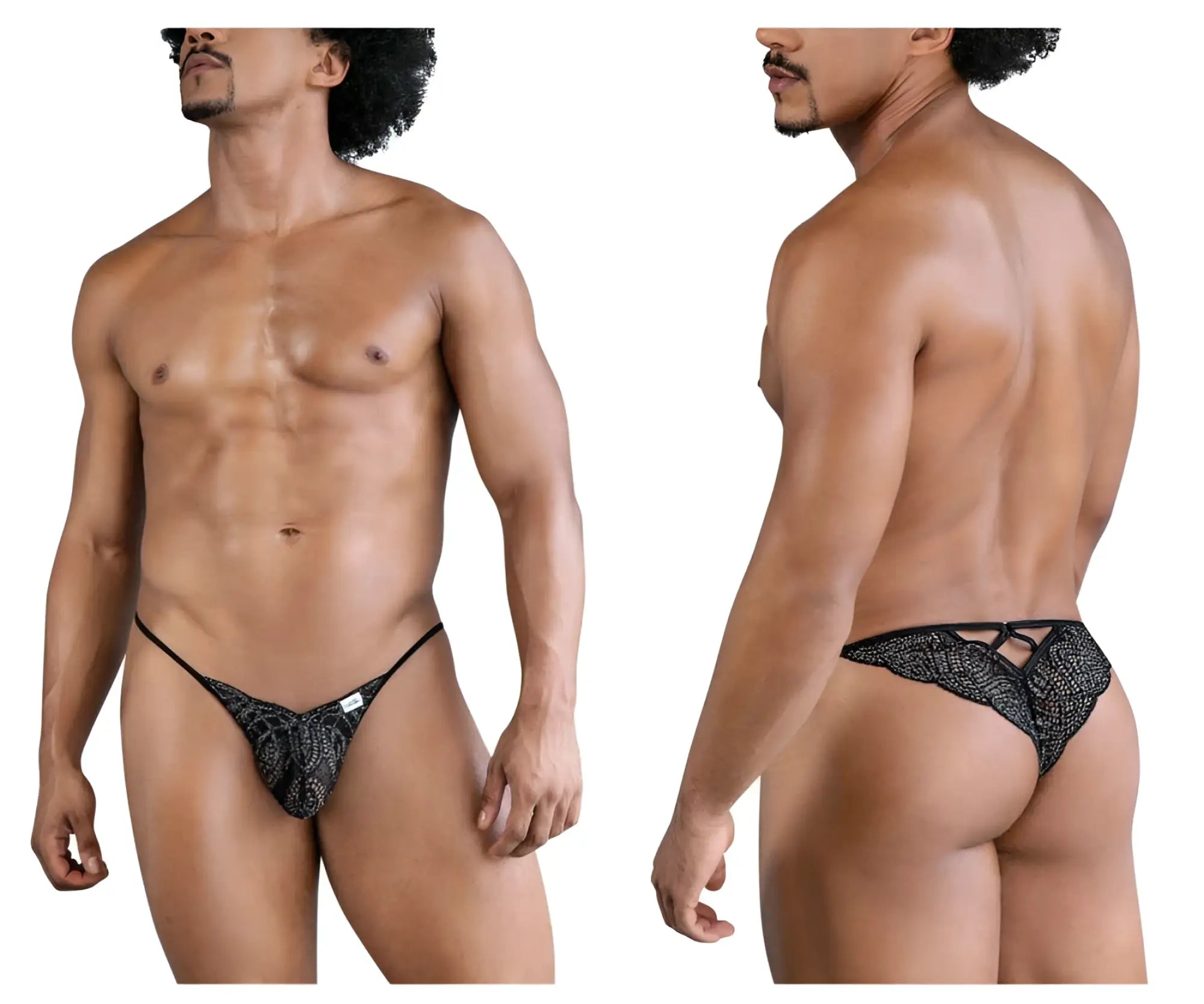 Black lace thong candyMan 99829 with textured patterned design and adjustable straps shown from the back side