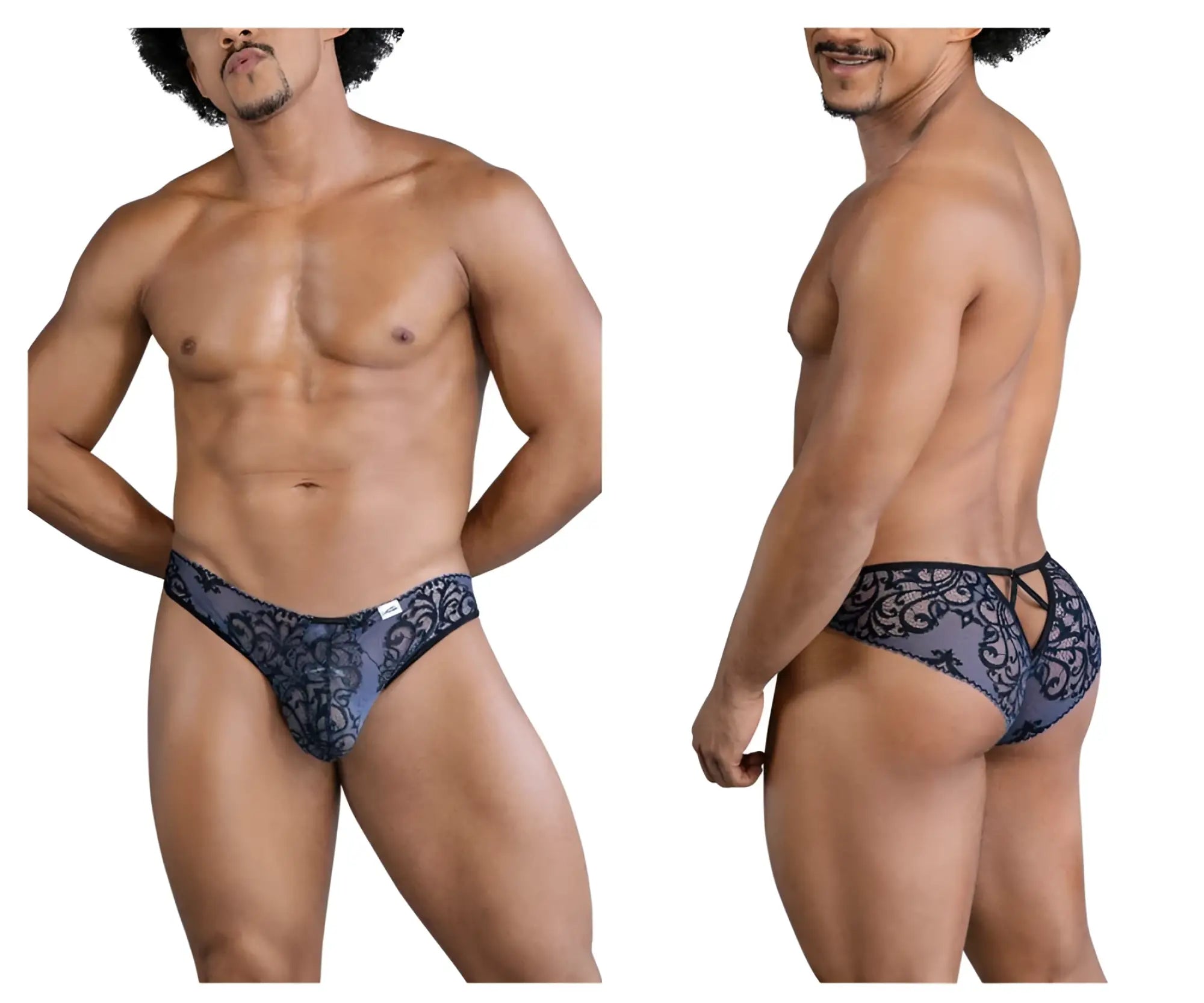 Dark blue lace-trimmed CandyMan 99830 men’s briefs with a back tie design shown from the back side