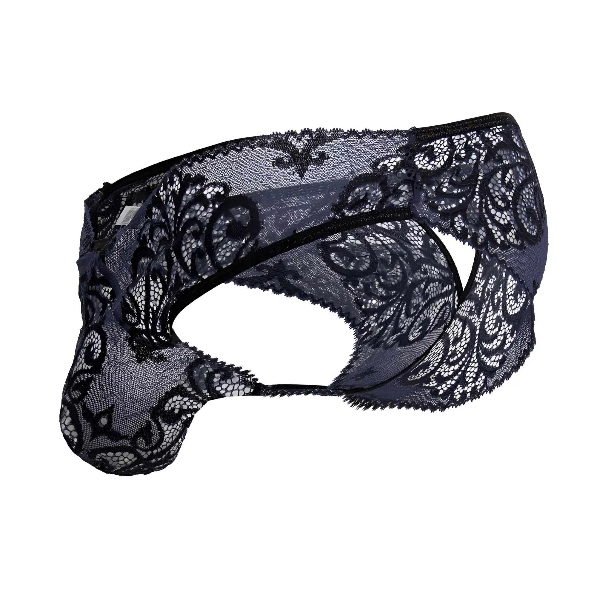Black lace mens underwear candyMan 99830 lace briefs in black with intricate floral patterns and sheer mesh texture
