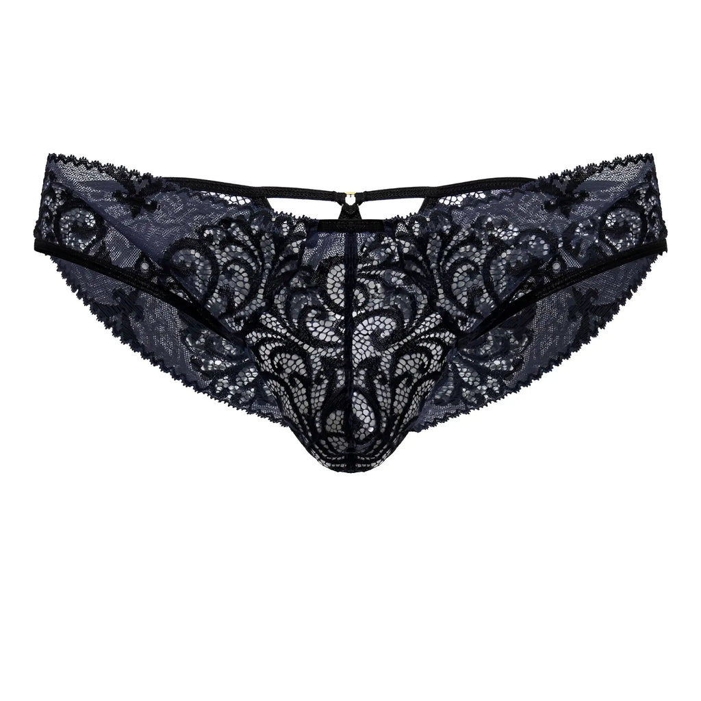 Black lace thong candyMan 99830 with intricate floral patterns and central zipper closure in black and navy