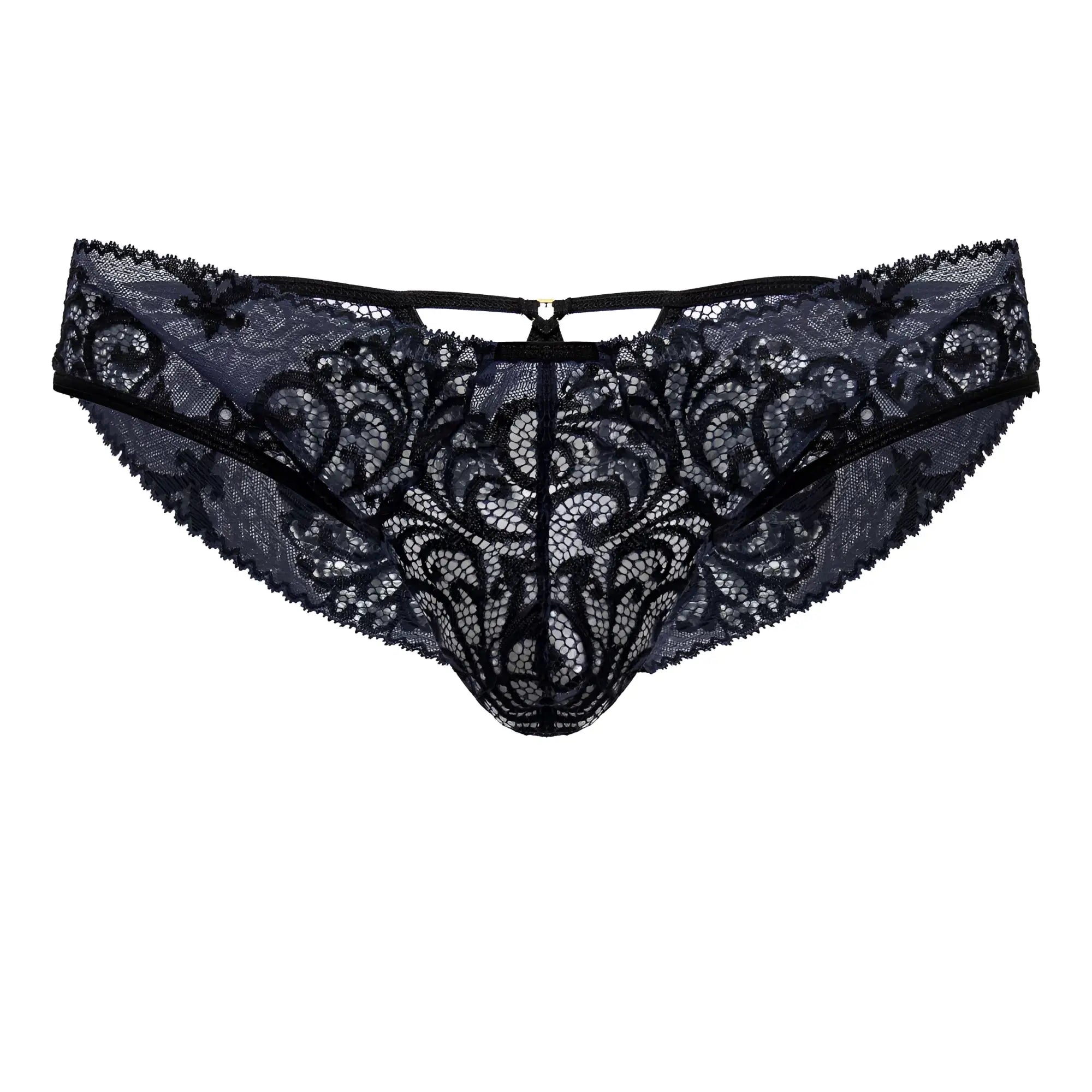 Black lace thong candyMan 99830 with intricate floral patterns and central zipper closure in black and navy