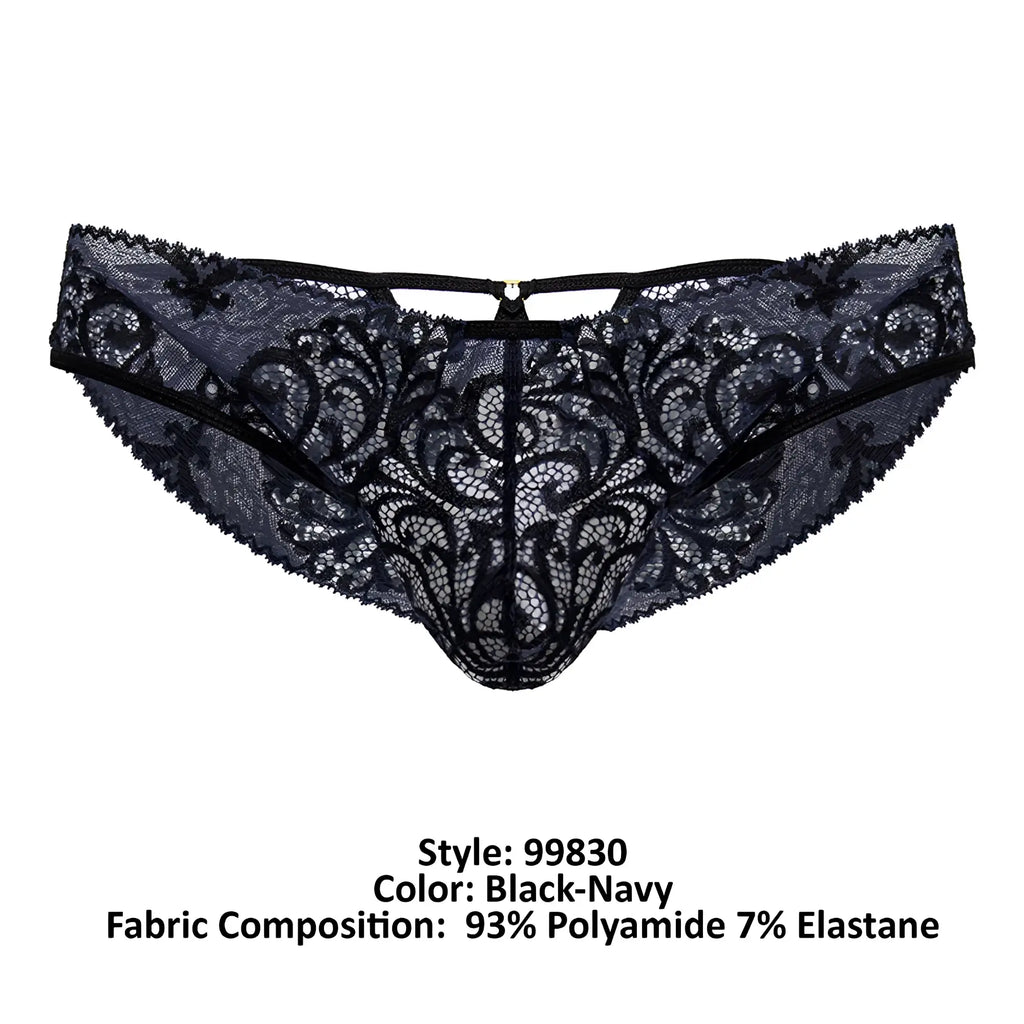 CandyMan 99830 lace briefs black-navy lace thong with intricate floral patterns and central clasp detail