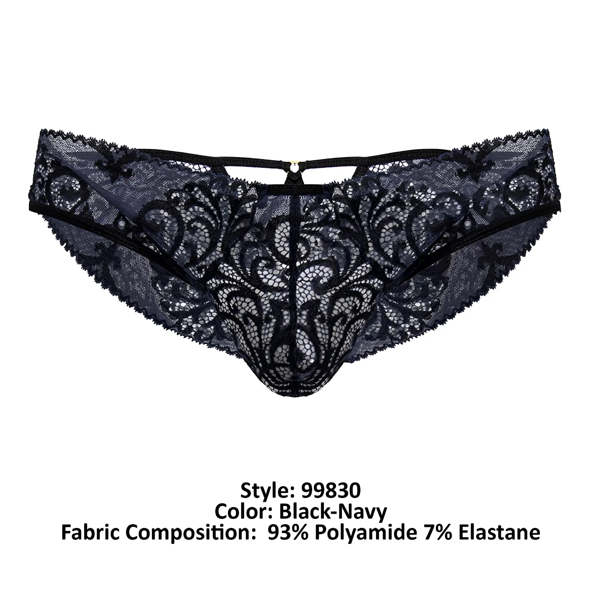 CandyMan 99830 lace briefs black-navy lace thong with intricate floral patterns and central clasp detail