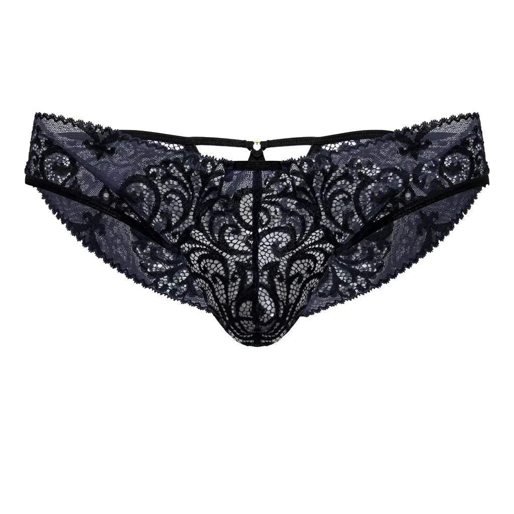 Black lace thong candyMan 99830 with intricate floral patterns and central zipper closure in black and navy