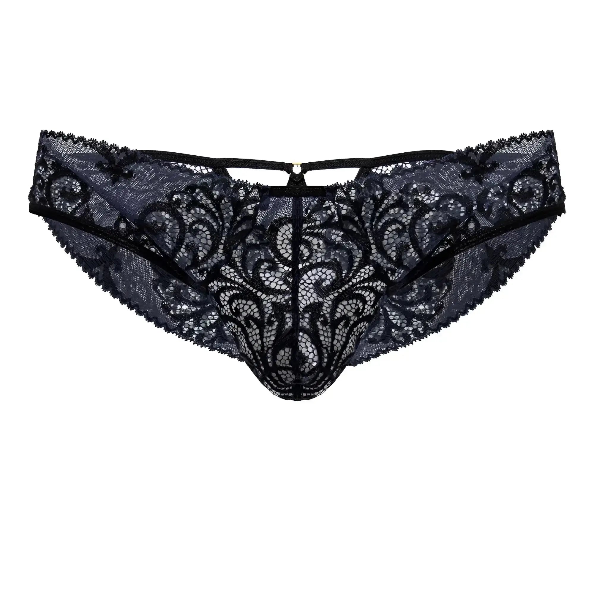 Black lace thong candyMan 99830 with intricate floral patterns and central zipper closure in black and navy