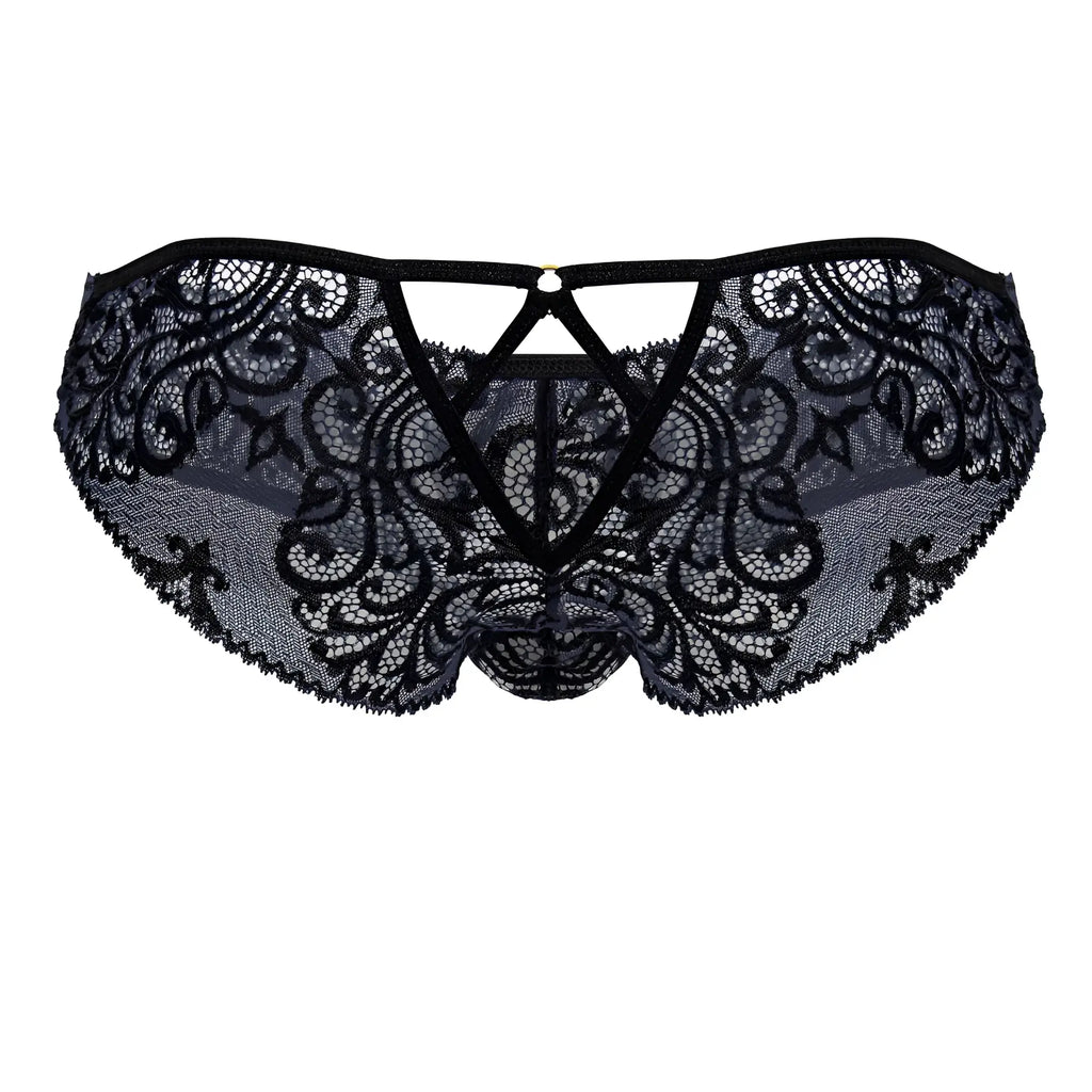 CandyMan 99830 black-navy lace briefs with intricate floral patterns and a central triangular cutout design