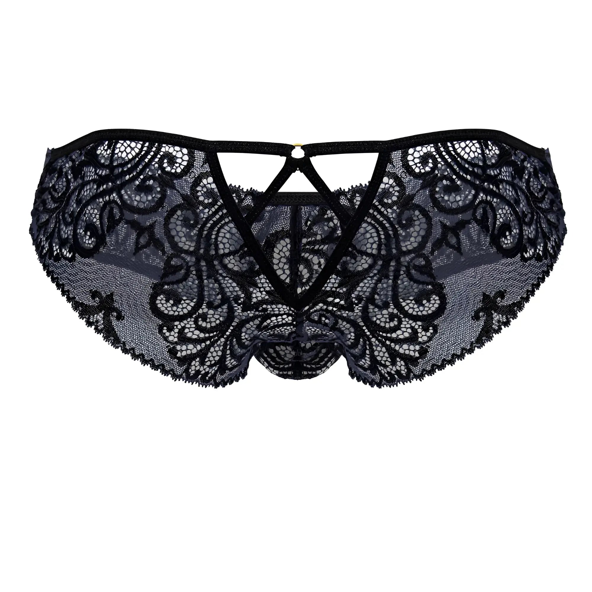 CandyMan 99830 black-navy lace briefs with intricate floral patterns and a central triangular cutout design