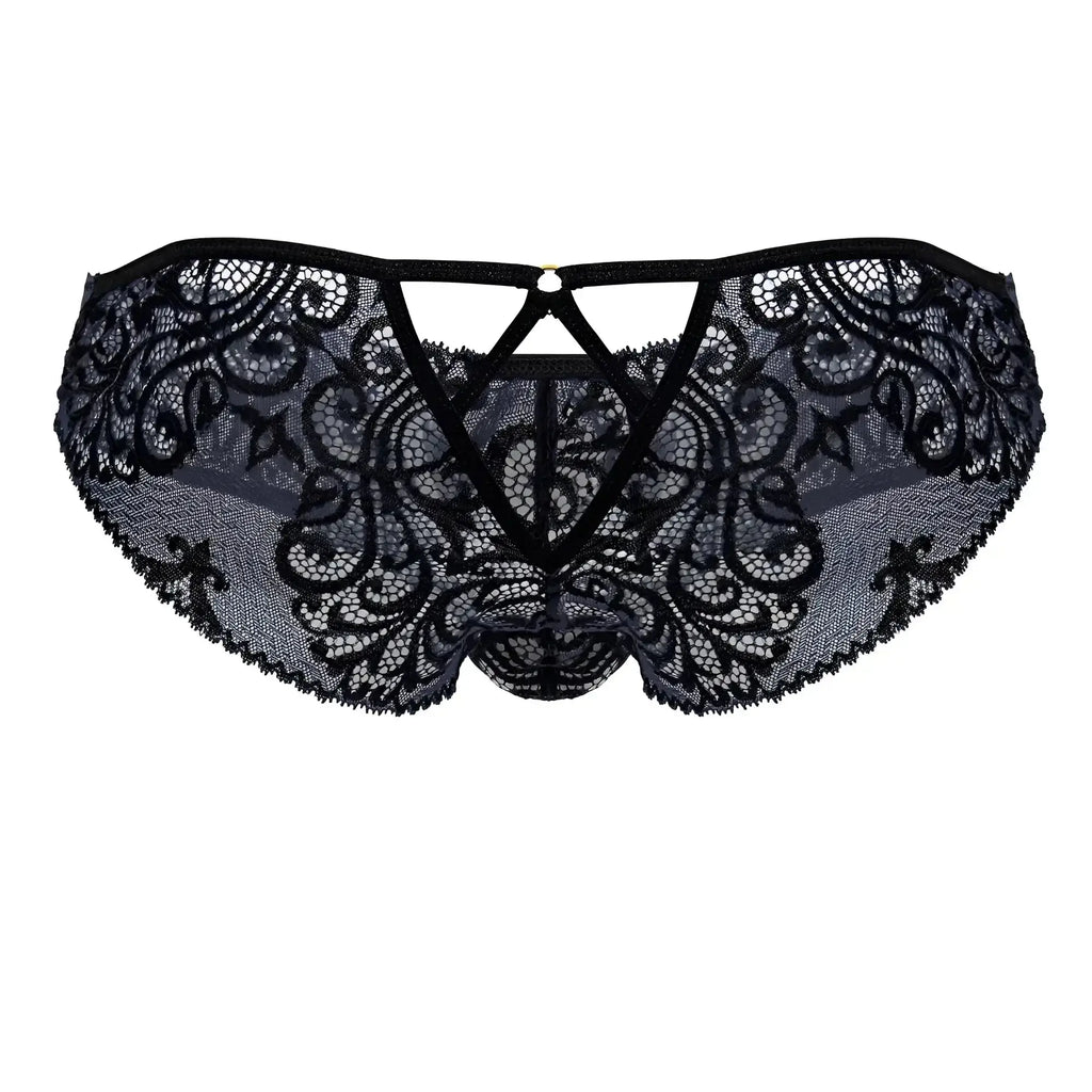 CandyMan 99830 black-navy lace briefs with intricate floral patterns and a central triangular cutout design