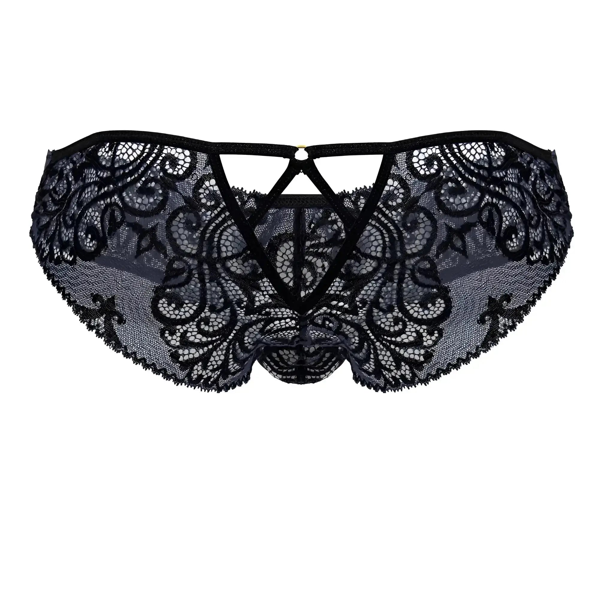 CandyMan 99830 black-navy lace briefs with intricate floral patterns and a central triangular cutout design