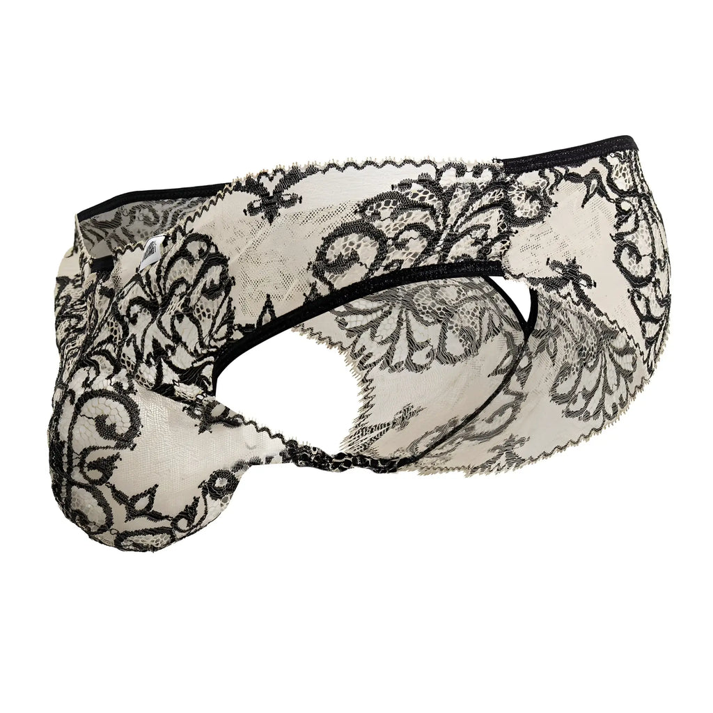 CandyMan 99830 lace briefs in nude and black featuring intricate floral lace patterns on men’s underwear