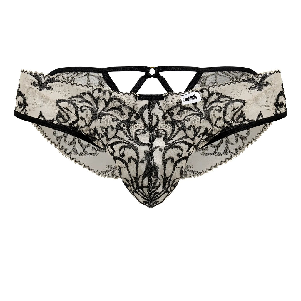 Black and cream lace thong with intricate floral patterns from Candyman 99830 lace briefs in nude-black color